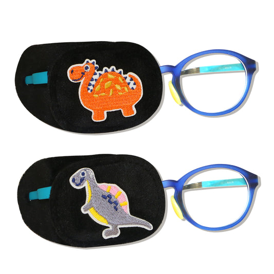 2Pcs Eye Patches for Kids Glasses (Dinosaur - Gray & Pumpkin, Right Eye)