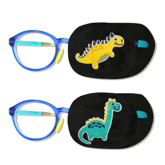 2Pcs Eye Patches for Kids Glasses (Dinosaur - Lemon Yellow & Jungle Green, Left Eye)