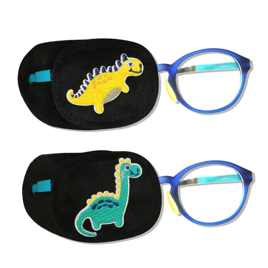 2Pcs Eye Patches for Kids Glasses (Dinosaur - Lemon Yellow & Jungle Green, Right Eye)