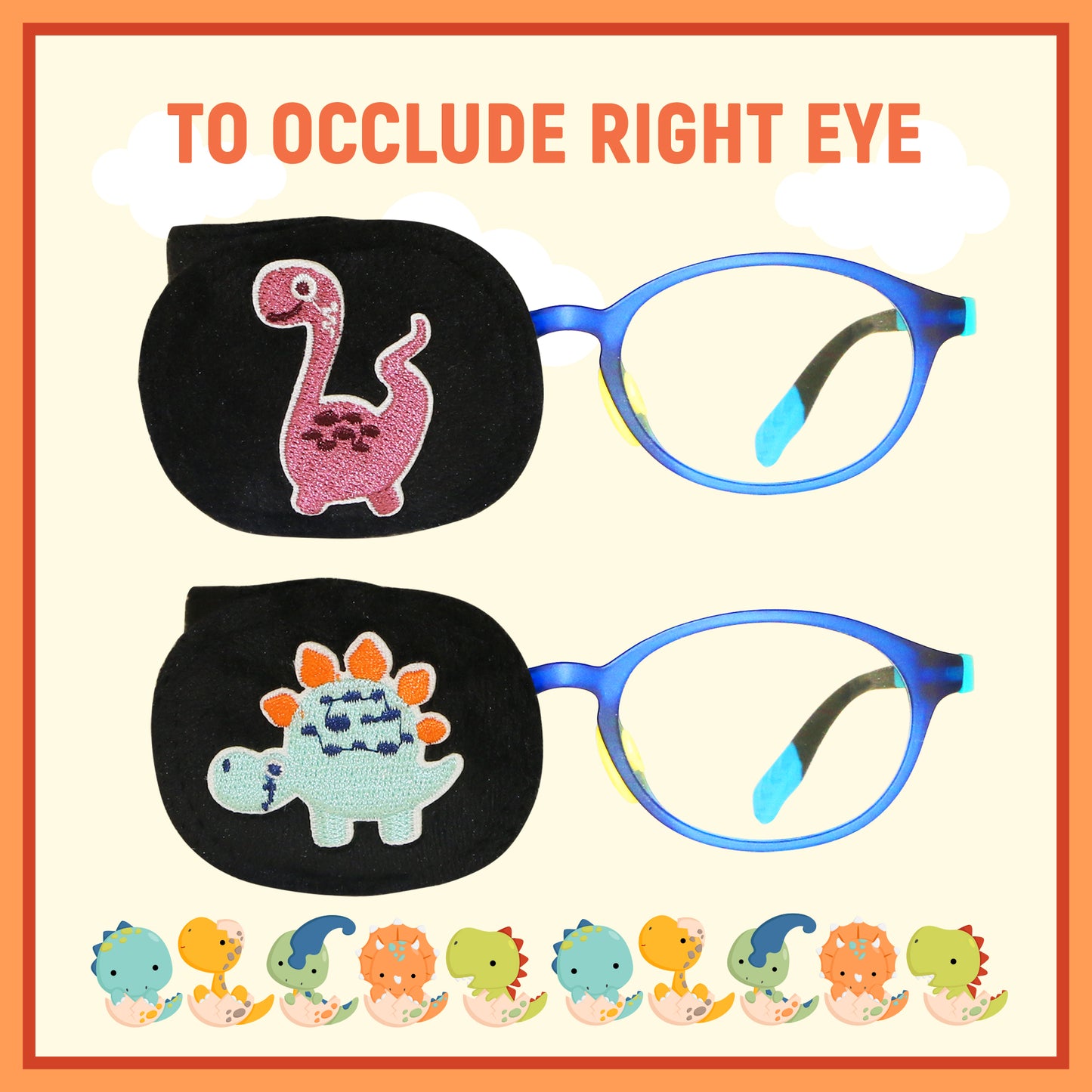 2Pcs Eye Patches for Kids Glasses (Dinosaur - Chestnut & Light Blue, Right Eye)