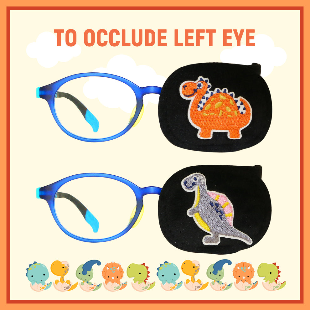 2Pcs Eye Patches for Kids Glasses (Dinosaur - Gray & Pumpkin, Left Eye)
