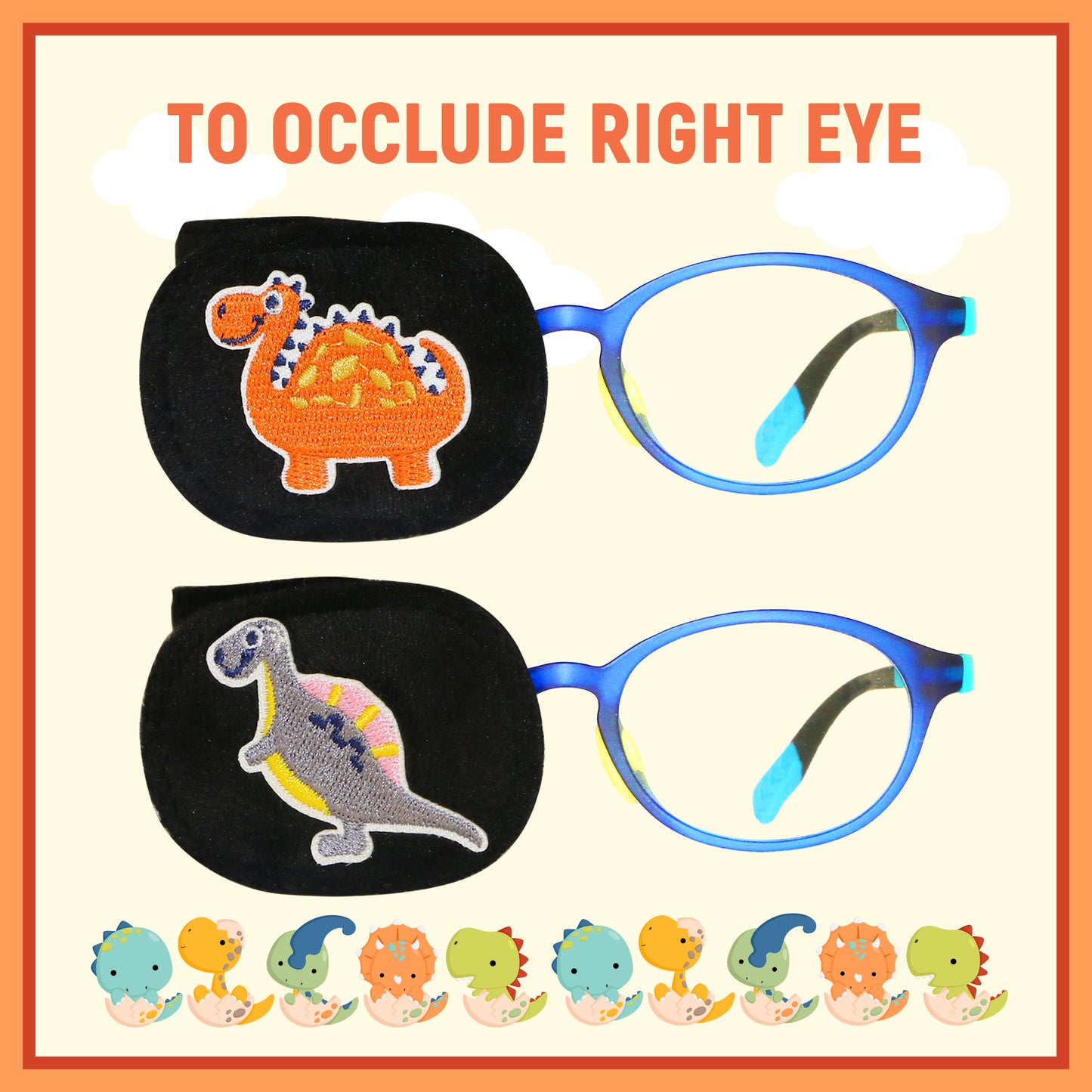 2Pcs Eye Patches for Kids Glasses (Dinosaur - Gray & Pumpkin, Right Eye)