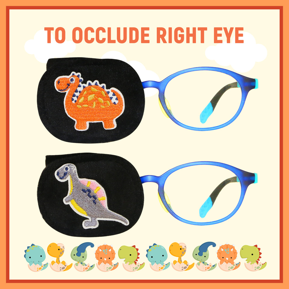 2Pcs Eye Patches for Kids Glasses (Dinosaur - Gray & Pumpkin, Right Eye)