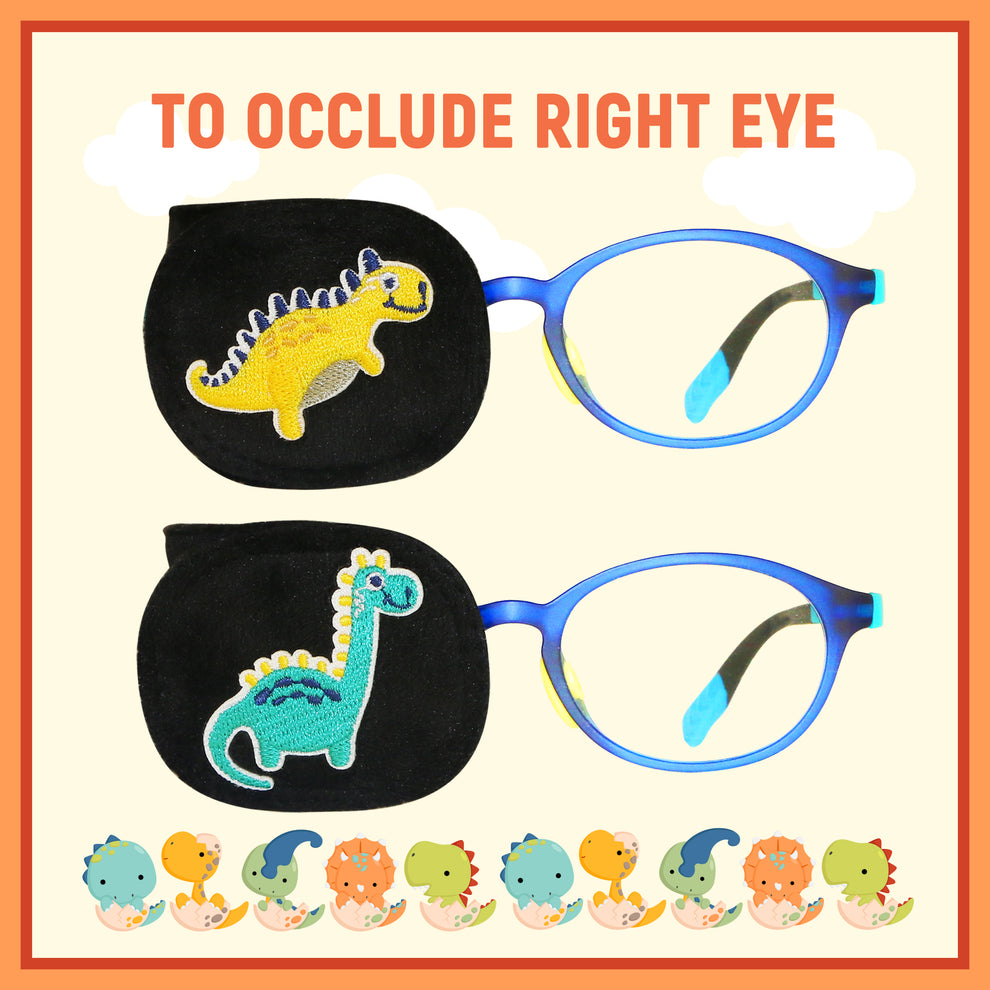 2Pcs Eye Patches for Kids Glasses (Dinosaur - Lemon Yellow & Jungle Green, Right Eye)