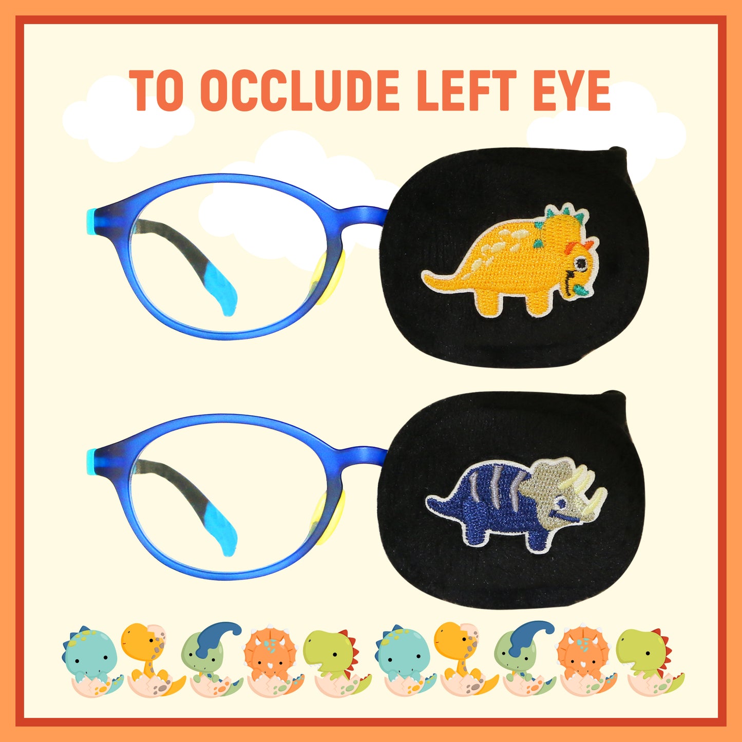 2Pcs Eye Patches for Kids Glasses (Dinosaur - Orange & Navy Blue, Left Eye)