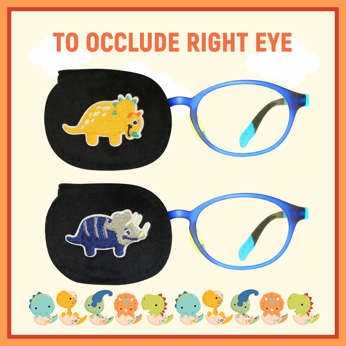 2Pcs Eye Patches for Kids Glasses (Dinosaur - Orange & Navy Blue, Right Eye)