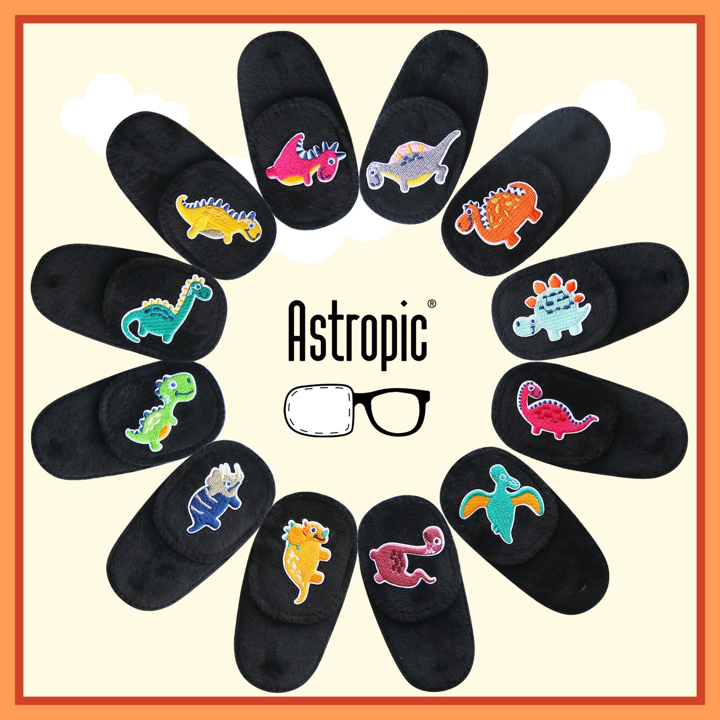 2Pcs Eye Patches for Kids Glasses (Dinosaur - Orange & Navy Blue, Right Eye)