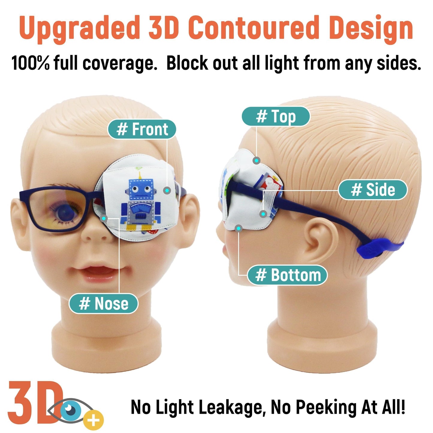 3D Cotton & Silk Eye Patch for Kids Boys Glasses (Blue Robot, Left Eye)