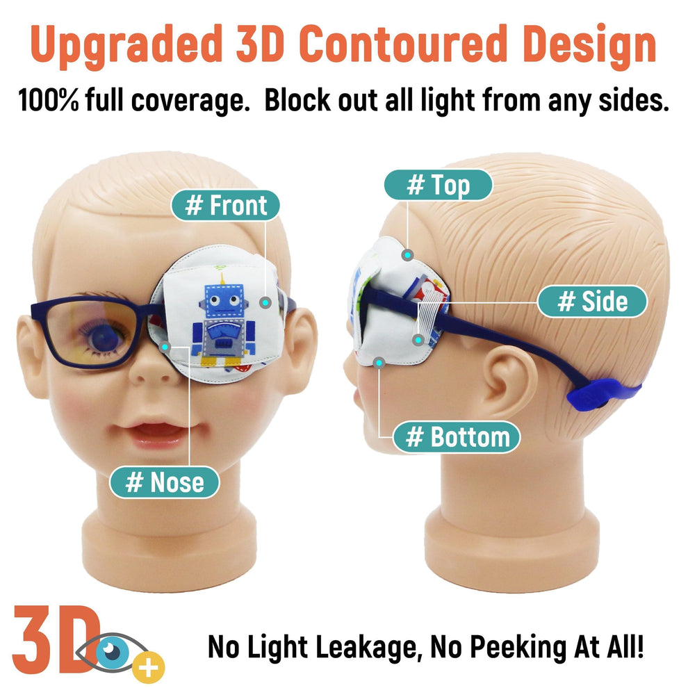 3D Cotton & Silk Eye Patch for Kids Boys Glasses (Blue Robot, Left Eye)