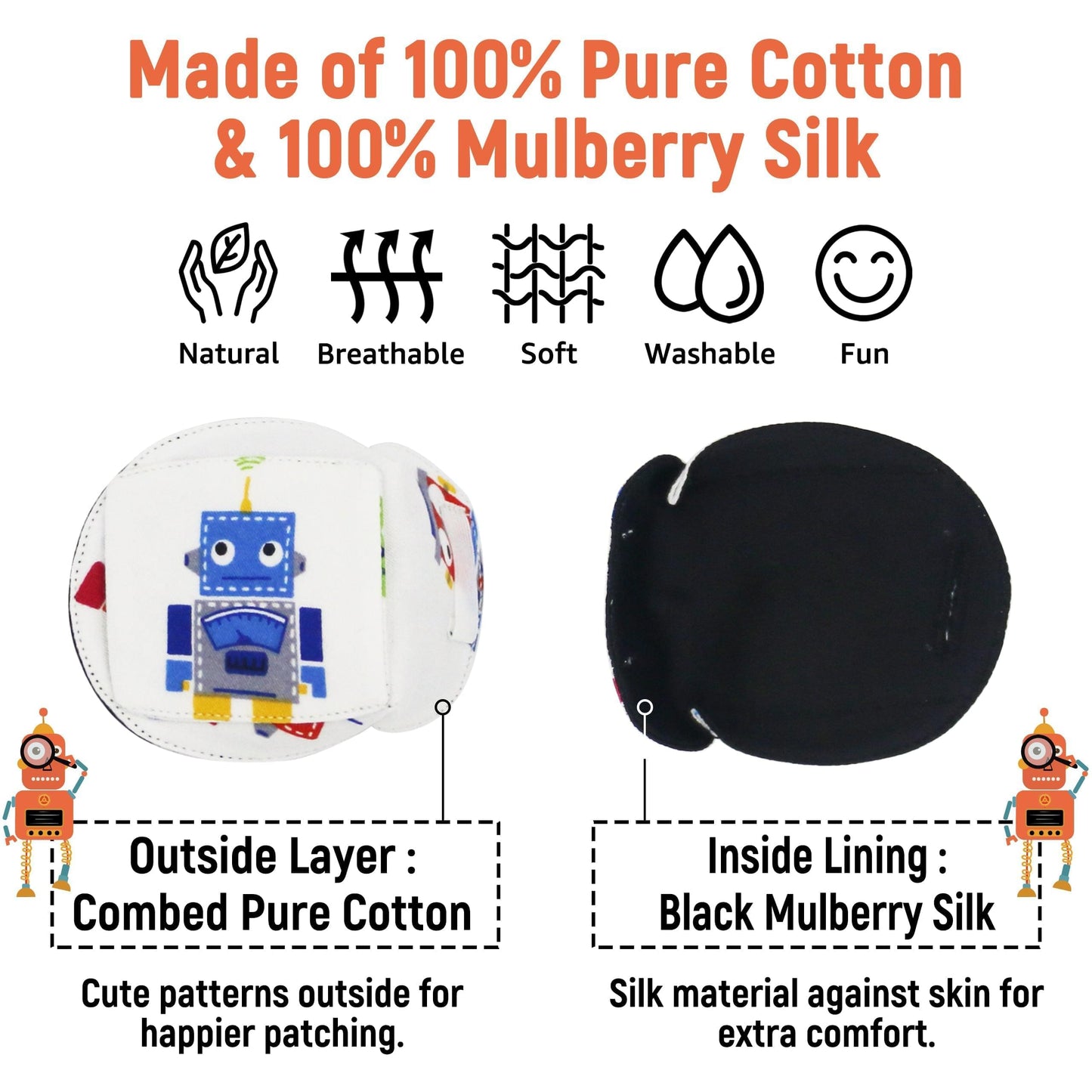 3D Cotton & Silk Eye Patch for Kids Boys Glasses (Blue Robot, Left Eye)