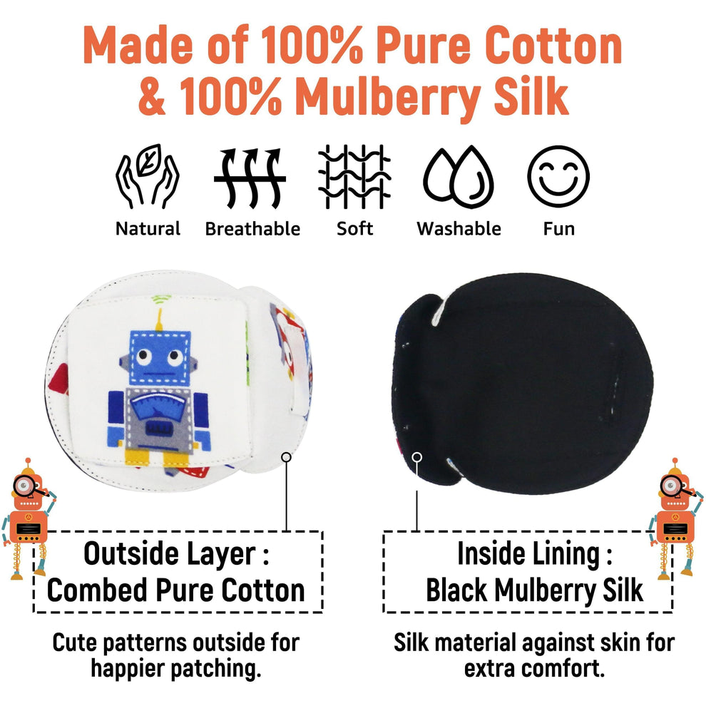 3D Cotton & Silk Eye Patch for Kids Boys Glasses (Blue Robot, Left Eye)