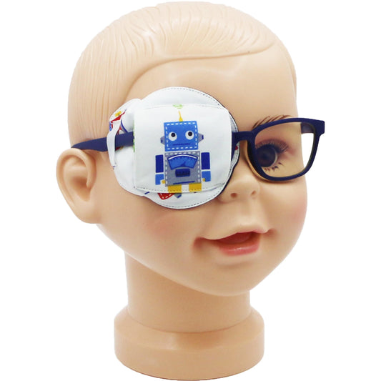 3D Cotton & Silk Eye Patch for Kids Boys Glasses (Blue Robot, Right Eye)