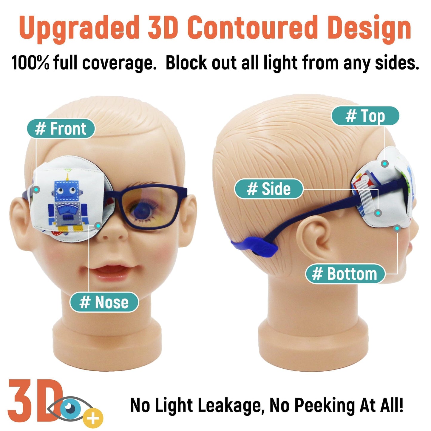 3D Cotton & Silk Eye Patch for Kids Boys Glasses (Blue Robot, Right Eye)