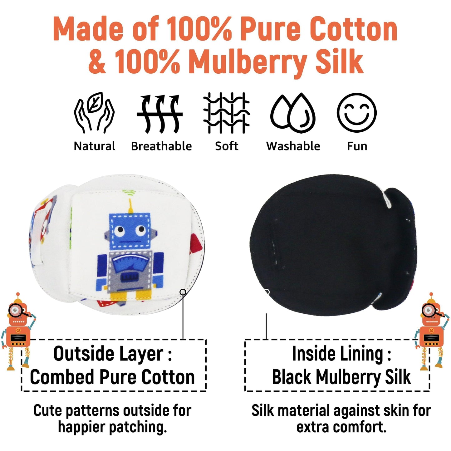 3D Cotton & Silk Eye Patch for Kids Boys Glasses (Blue Robot, Right Eye)