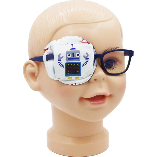 3D Cotton & Silk Eye Patch for Kids Boys Glasses (Gray Robot, Right Eye)