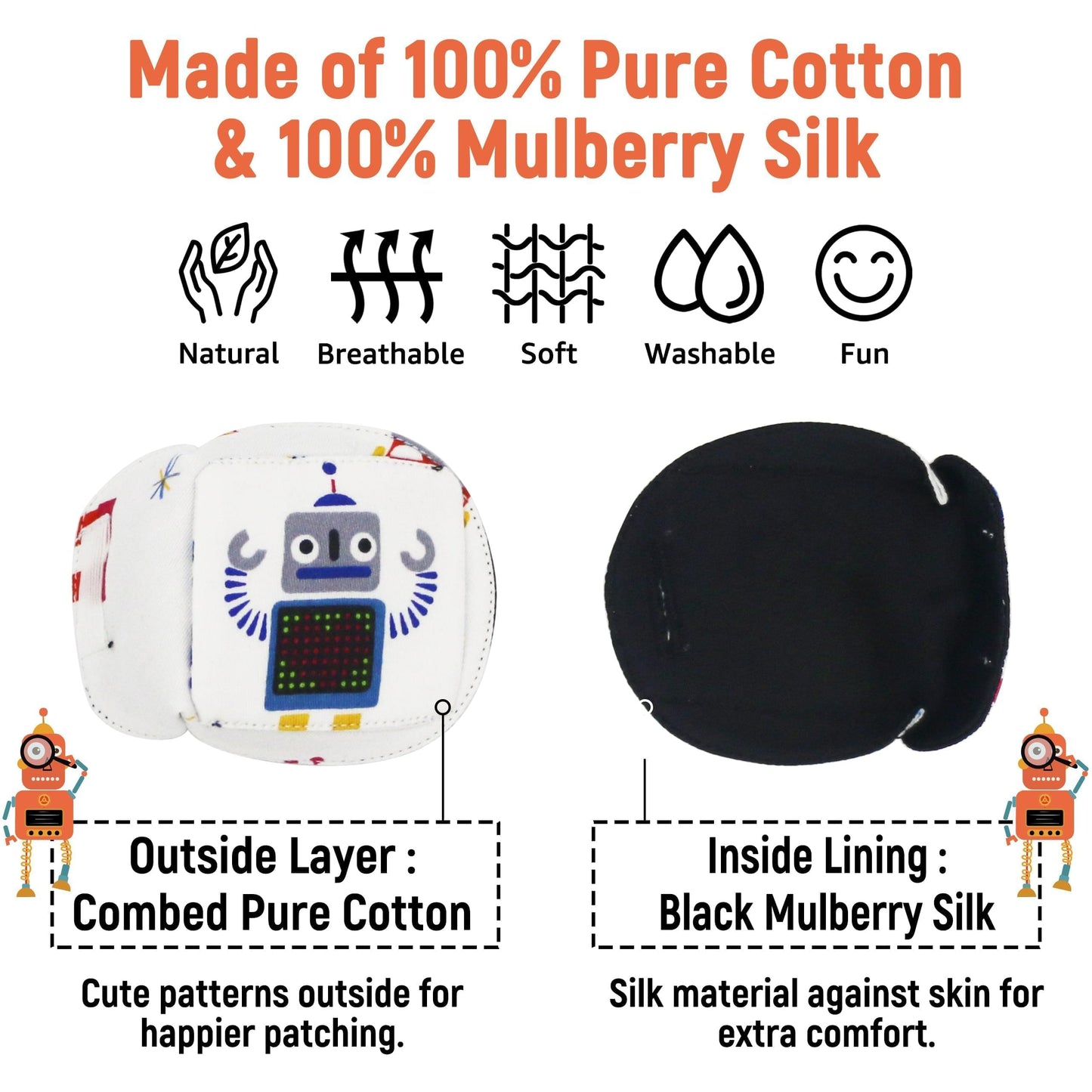 3D Cotton & Silk Eye Patch for Kids Boys Glasses (Gray Robot, Right Eye)