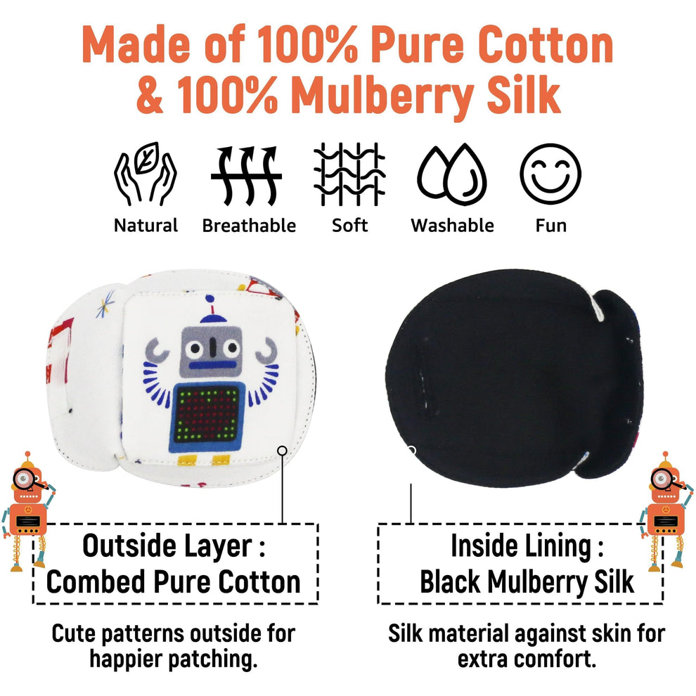 3D Cotton & Silk Eye Patch for Kids Boys Glasses (Gray Robot, Right Eye)