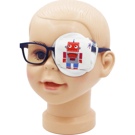 3D Cotton & Silk Eye Patch for Kids Boys Glasses (Red Robot, Left Eye)