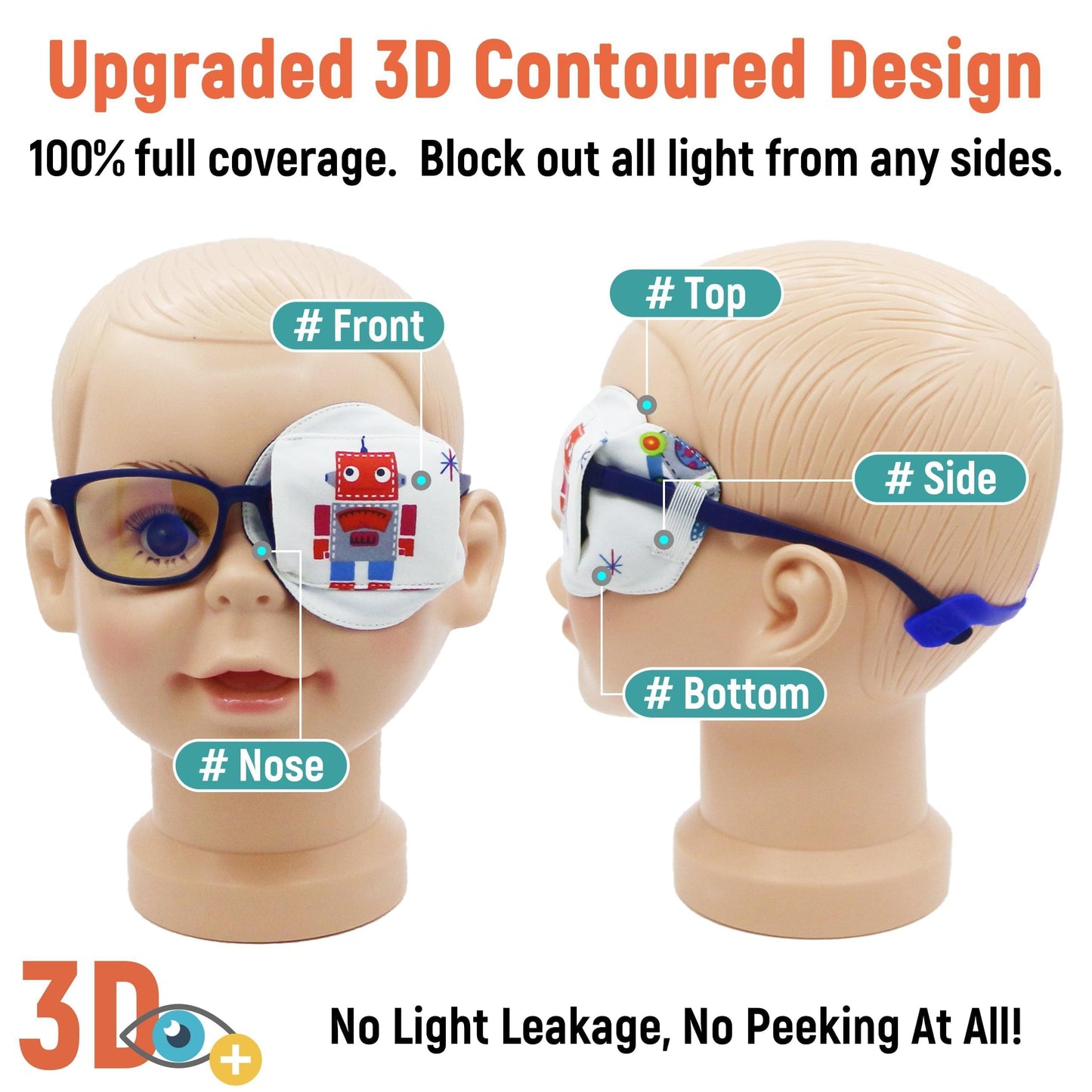 3D Cotton & Silk Eye Patch for Kids Boys Glasses (Red Robot, Left Eye)