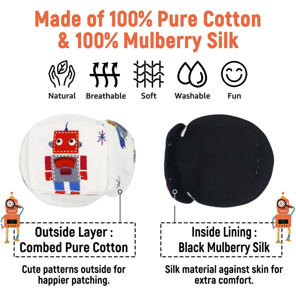 3D Cotton & Silk Eye Patch for Kids Boys Glasses (Red Robot, Left Eye)