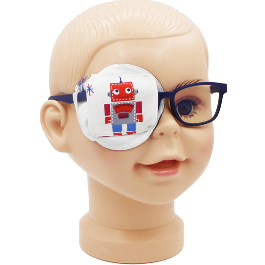 3D Cotton & Silk Eye Patch for Kids Boys Glasses (Red Robot, Right Eye)
