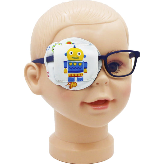 3D Cotton & Silk Eye Patch for Kids Boys Glasses (Yellow Robot, Right Eye)