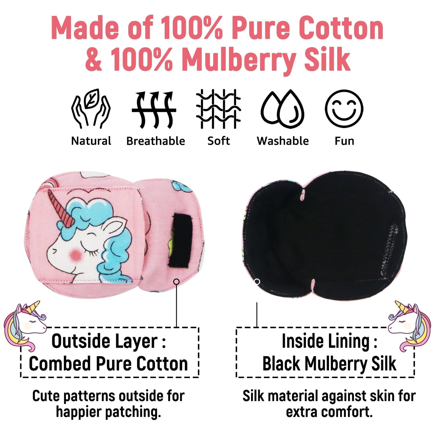 3D Cotton & Silk Eye Patch for Kids Girls Glasses (Blue Hair Unicorn, Left Eye)
