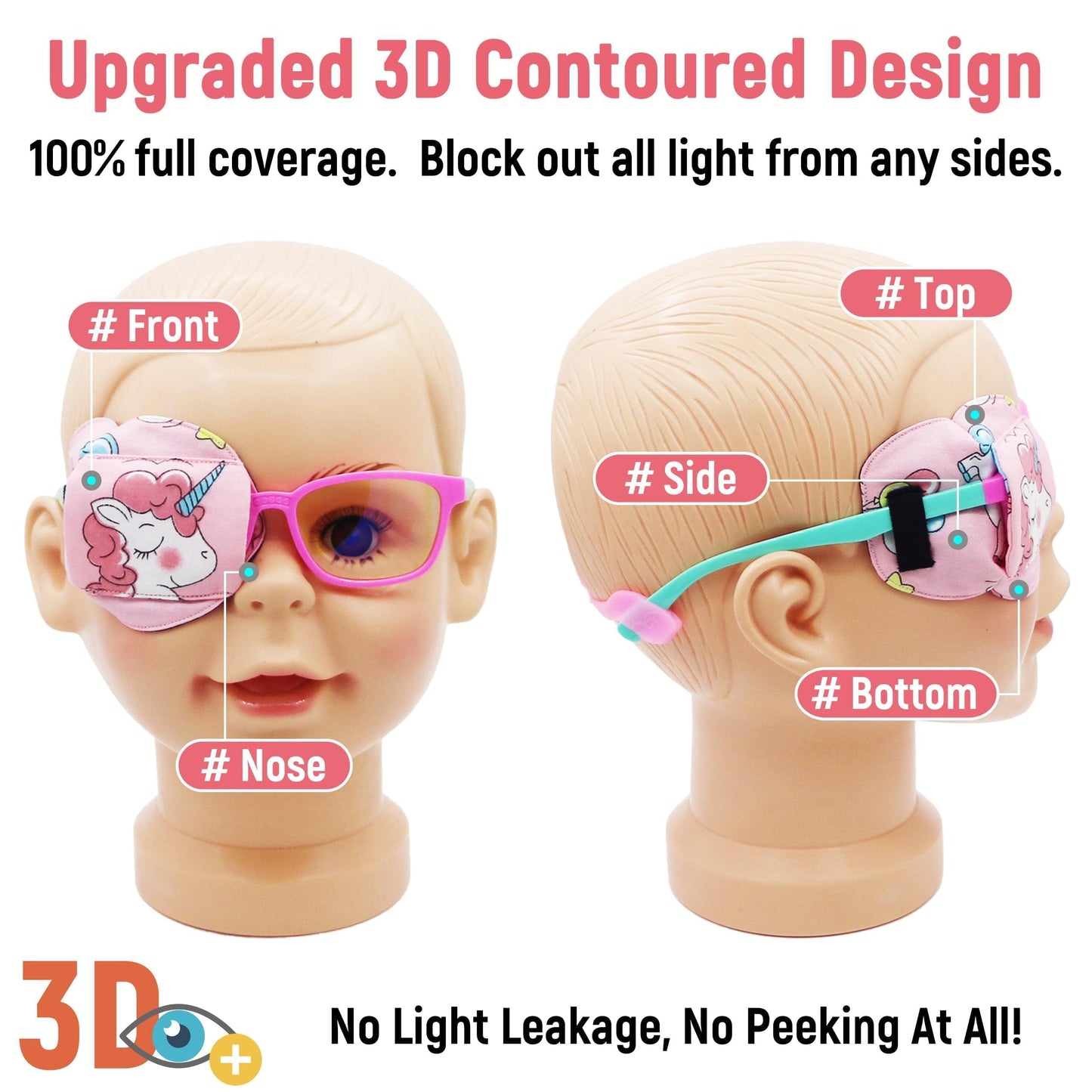 3D Cotton & Silk Eye Patch for Kids Girls Glasses (Pink Hair Unicorn, Right Eye)