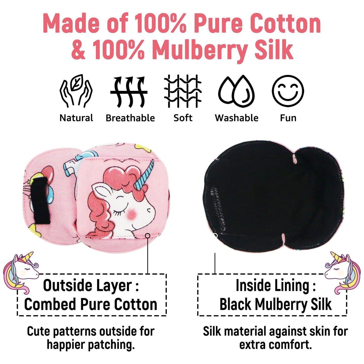 3D Cotton & Silk Eye Patch for Kids Girls Glasses (Pink Hair Unicorn, Right Eye)