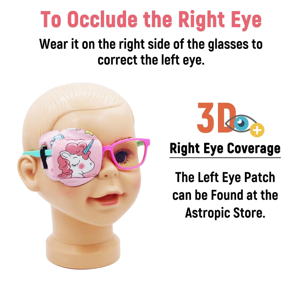 3D Cotton & Silk Eye Patch for Kids Girls Glasses (Pink Hair Unicorn, Right Eye)