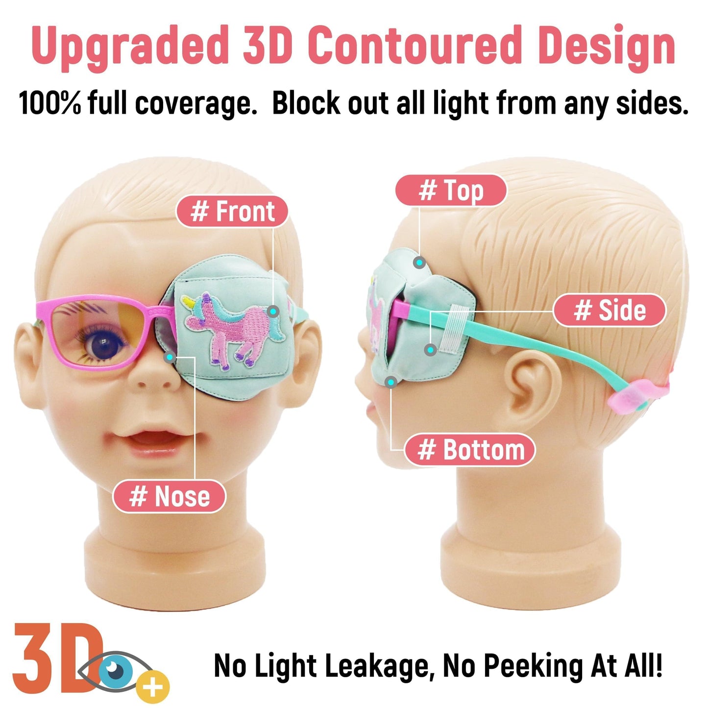 3D Silk Eye Patch for Kids Girls Glasses (Pink Unicorn, Left Eye)
