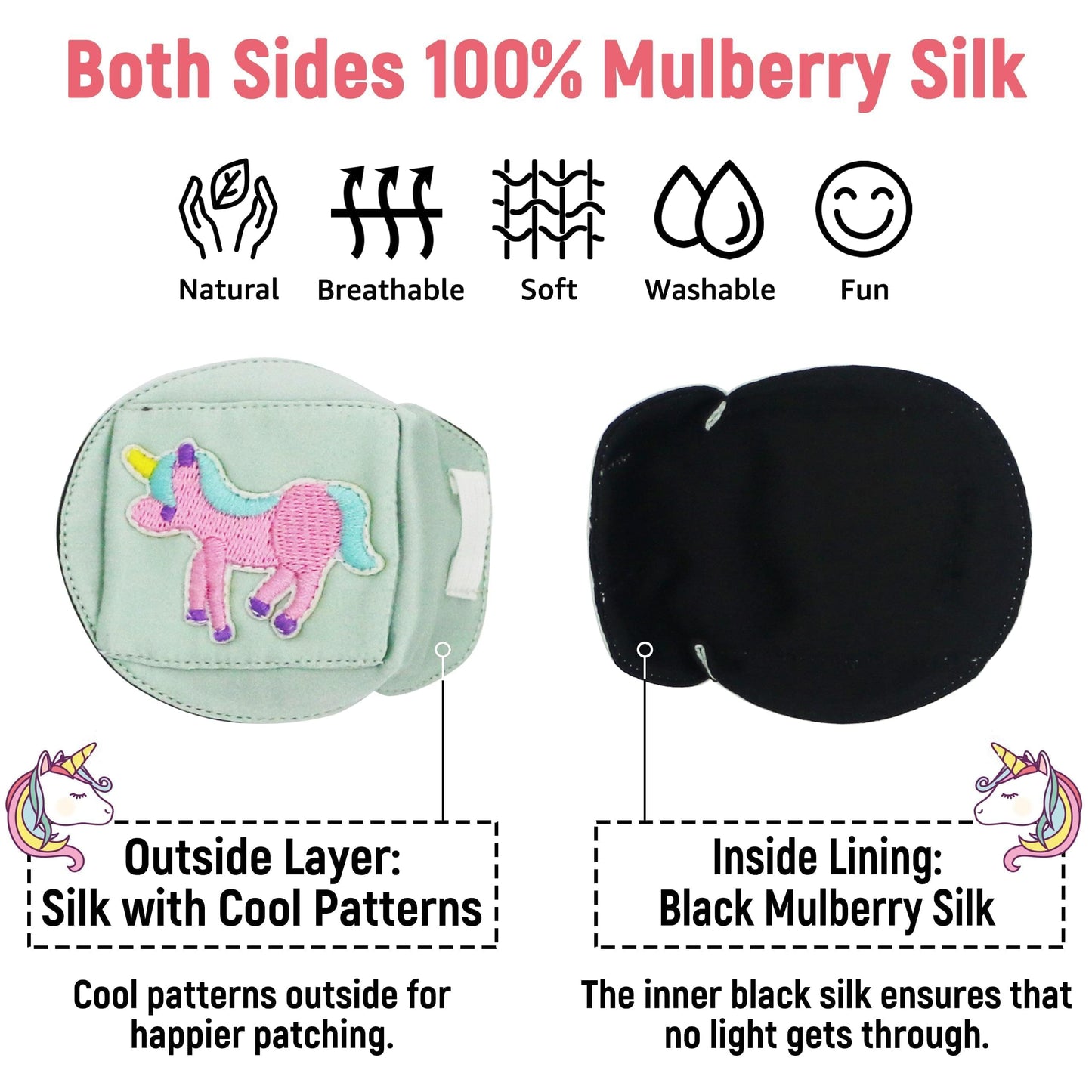 3D Silk Eye Patch for Kids Girls Glasses (Pink Unicorn, Left Eye)