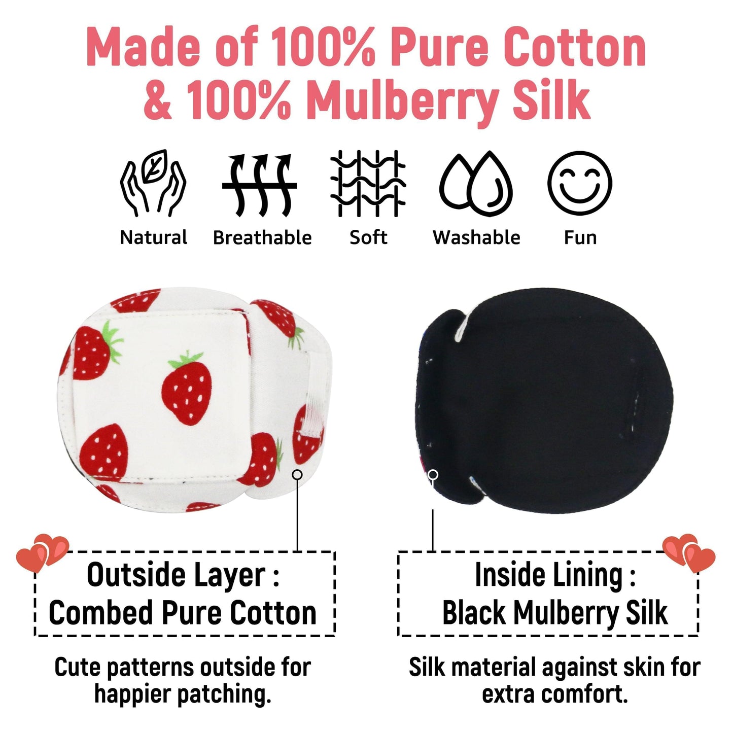 3D Cotton & Silk Eye Patch for Kids Girls Glasses (Strawberry, Left Eye)