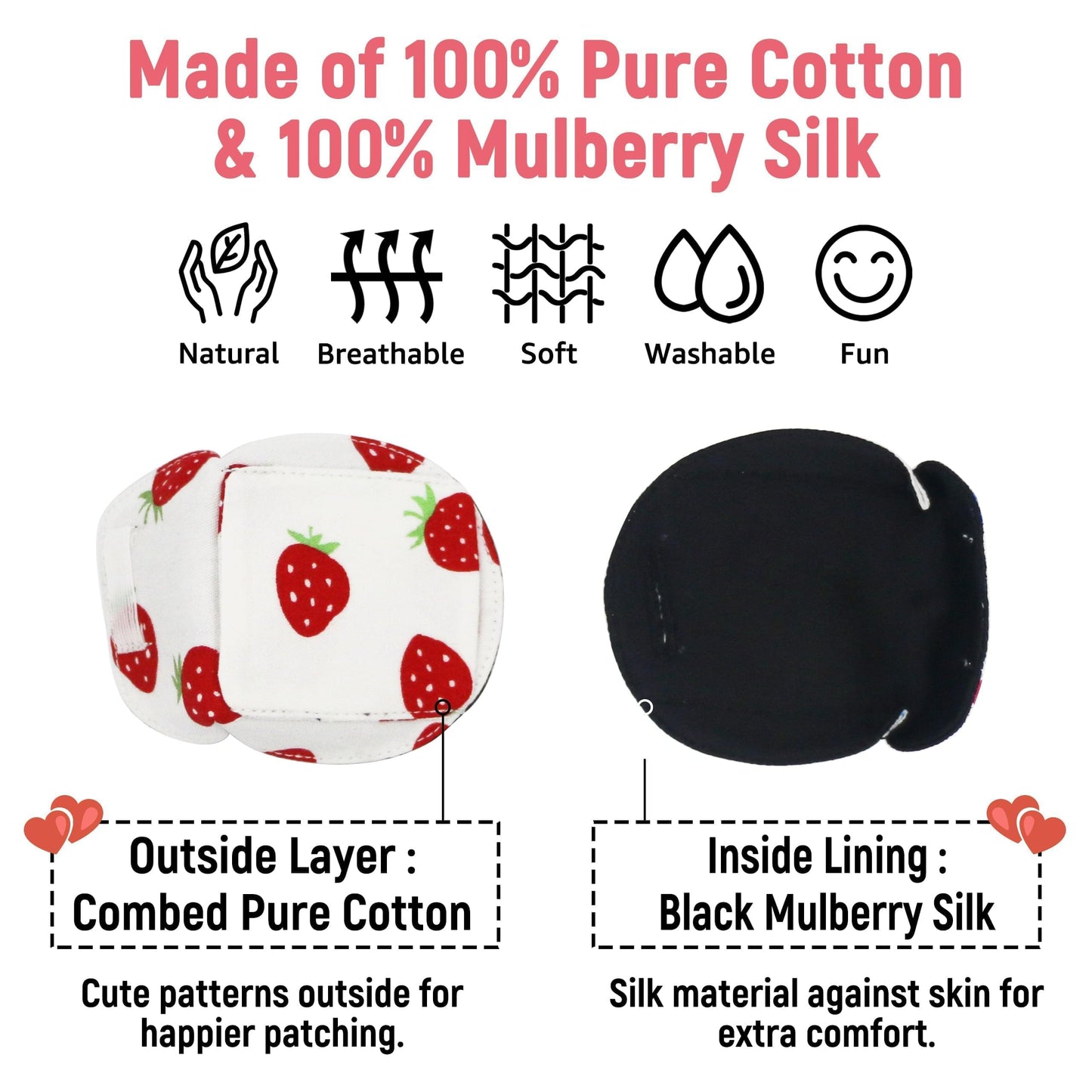 3D Cotton & Silk Eye Patch for Kids Girls Glasses (Strawberry, Right Eye)