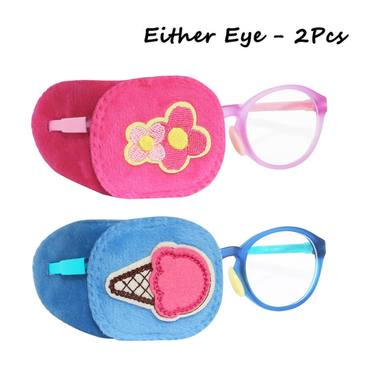 2Pcs Eye Patches for Kids Glasses (Pink Flower & Blue Icecream)