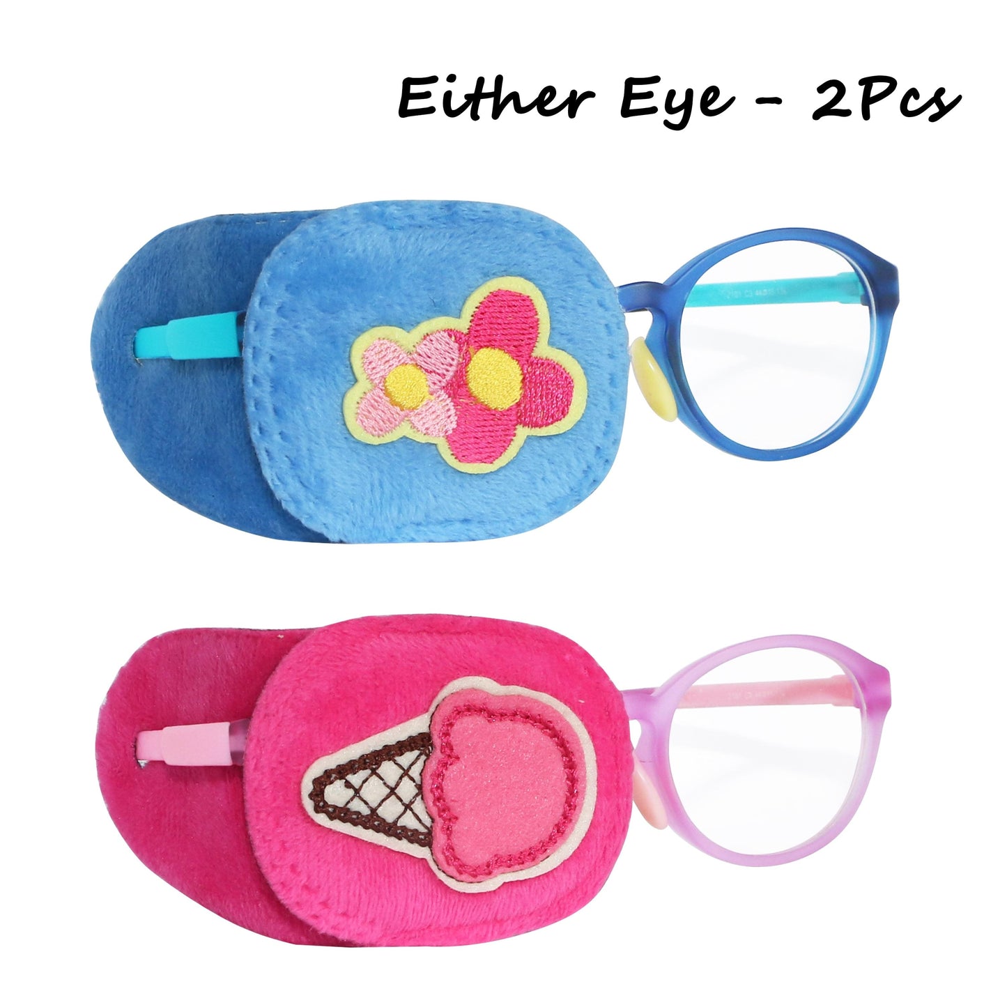 2Pcs Eye Patches for Kids Glasses (Pink Icecream & Blue Flower)