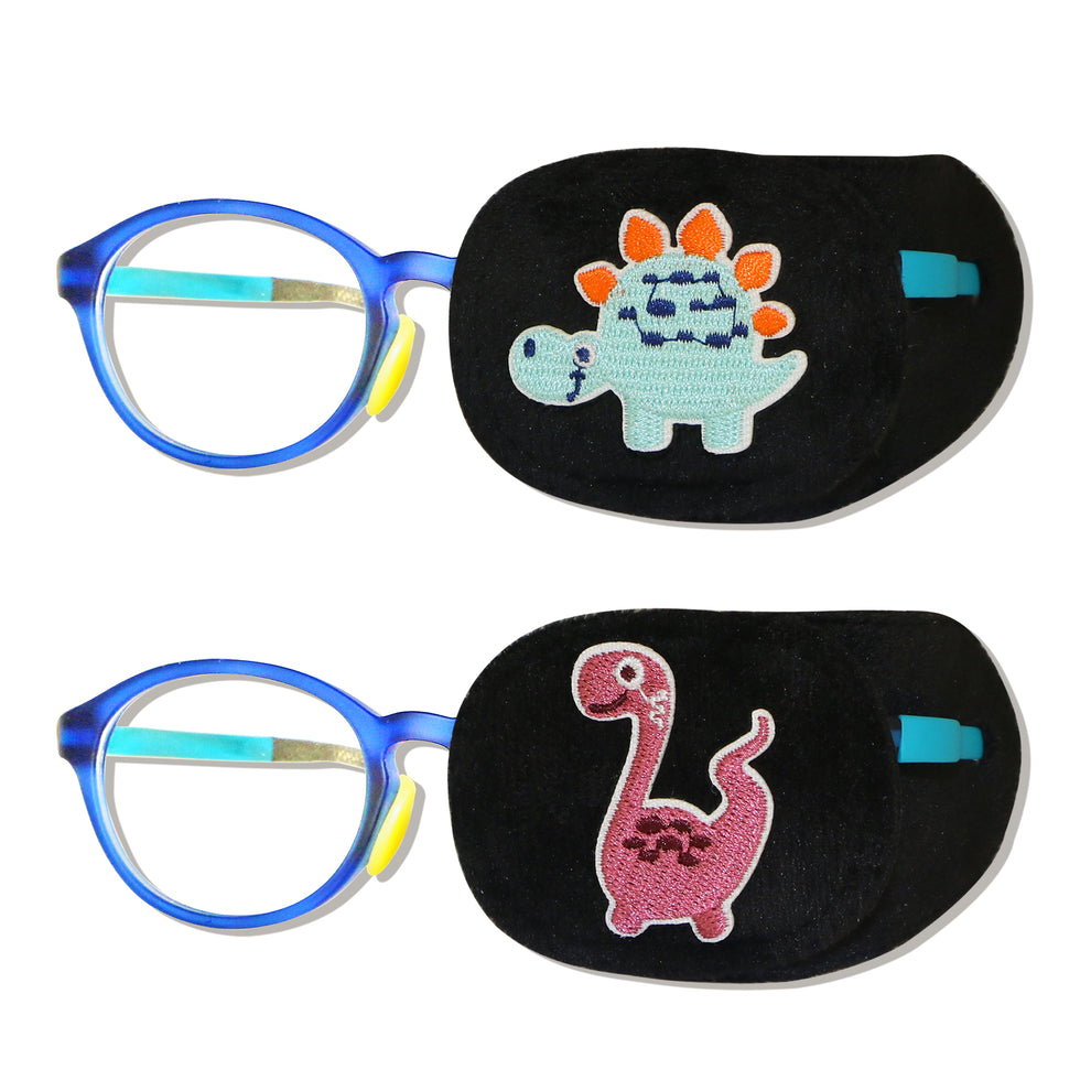 2Pcs Eye Patches for Kids Glasses (Dinosaur - Chestnut & Light Blue, Left Eye) 