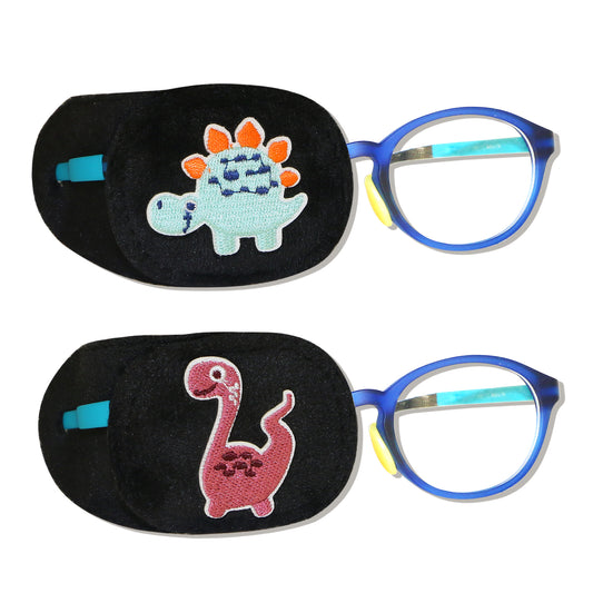 2Pcs Eye Patches for Kids Glasses (Dinosaur - Chestnut & Light Blue, Right Eye)