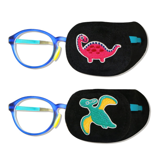 2Pcs Eye Patches for Kids Glasses (Dinosaur - Jungle Green & Wine Red, Left Eye)