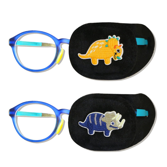 2Pcs Eye Patches for Kids Glasses (Dinosaur - Orange & Navy Blue, Left Eye)