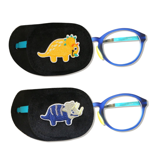 2Pcs Eye Patches for Kids Glasses (Dinosaur - Orange & Navy Blue, Right Eye)