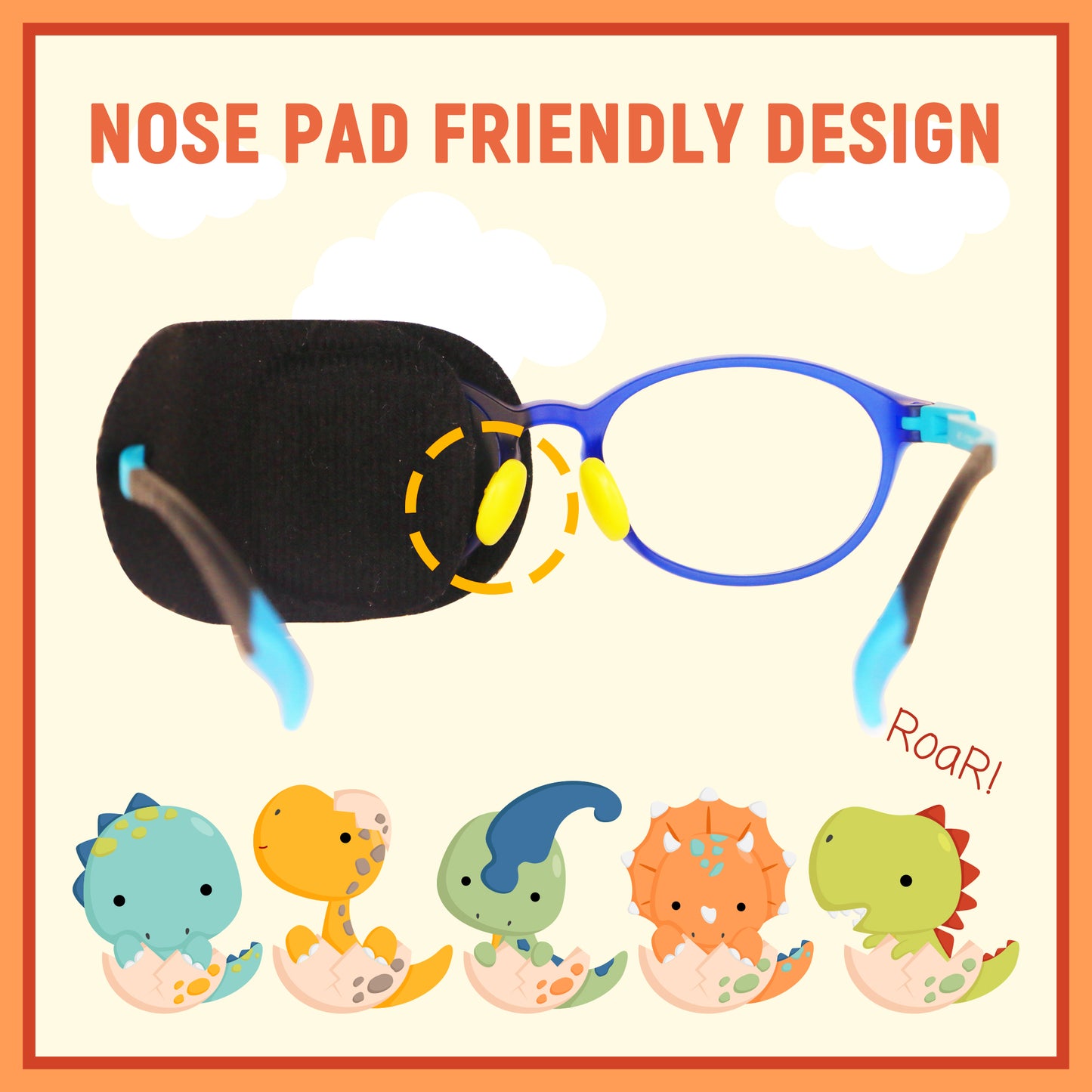 2Pcs Eye Patches for Kids Glasses (Dinosaur - Orange & Navy Blue, Left Eye)