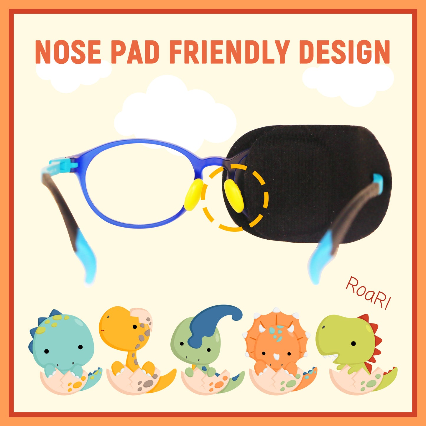 2Pcs Eye Patches for Kids Glasses (Dinosaur - Gray & Pumpkin, Right Eye)