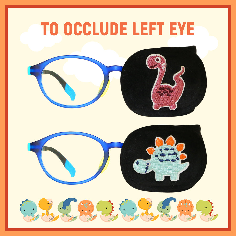 2Pcs Eye Patches for Kids Glasses (Dinosaur - Chestnut & Light Blue, Left Eye) 