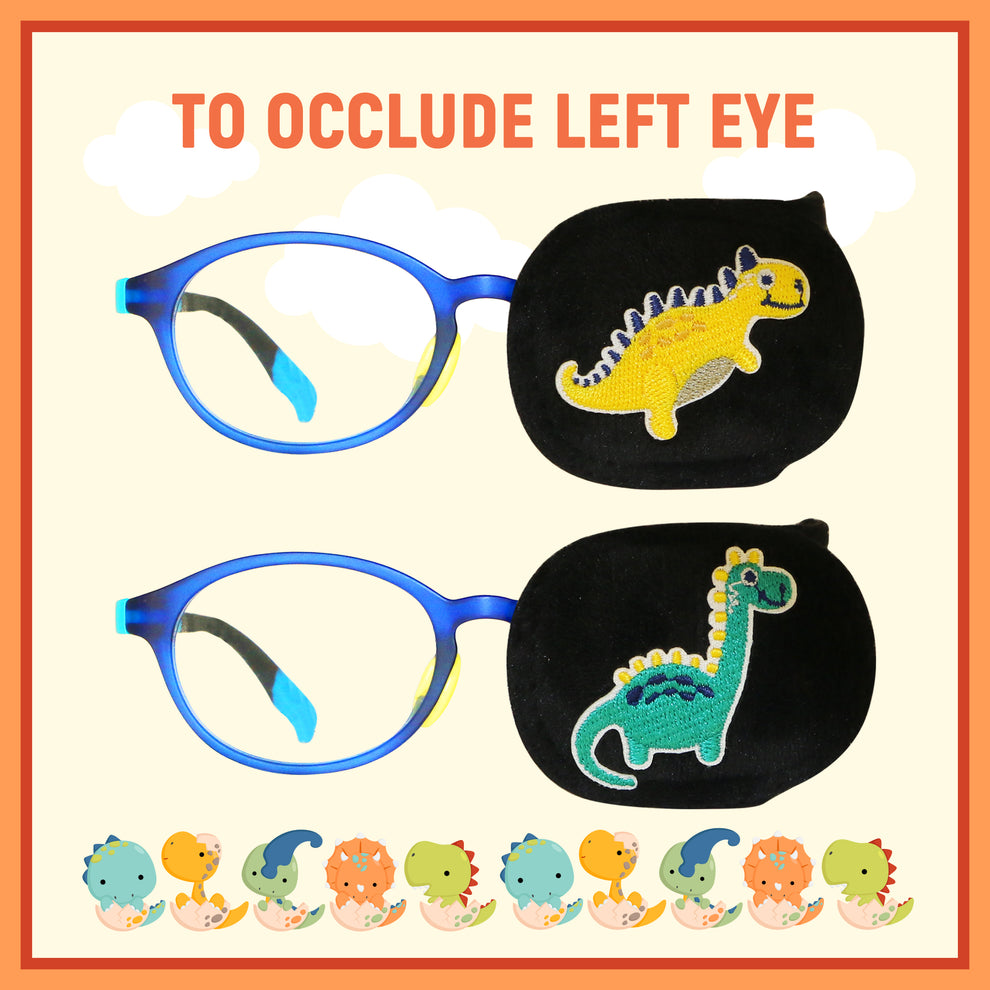 2Pcs Eye Patches for Kids Glasses (Dinosaur - Lemon Yellow & Jungle Green, Left Eye) 