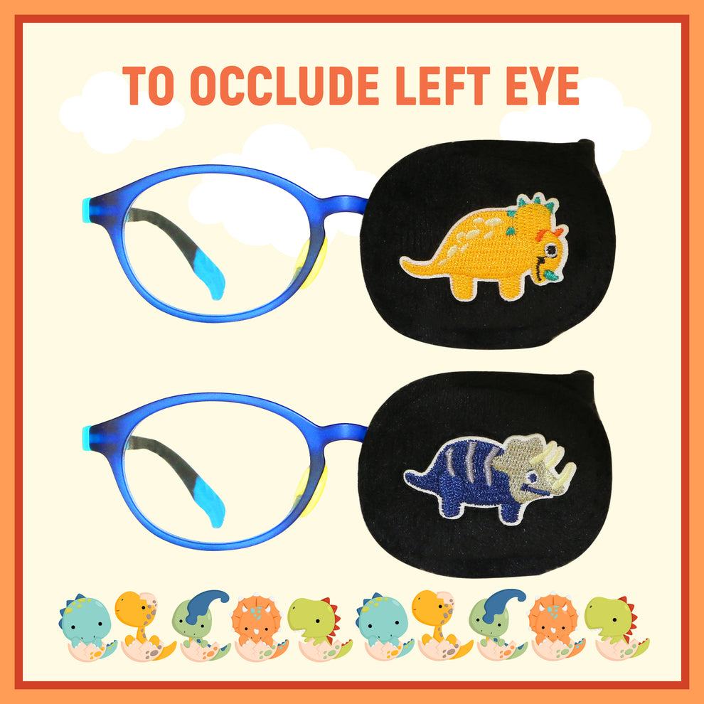 2Pcs Eye Patches for Kids Glasses (Dinosaur - Orange & Navy Blue, Left Eye) 