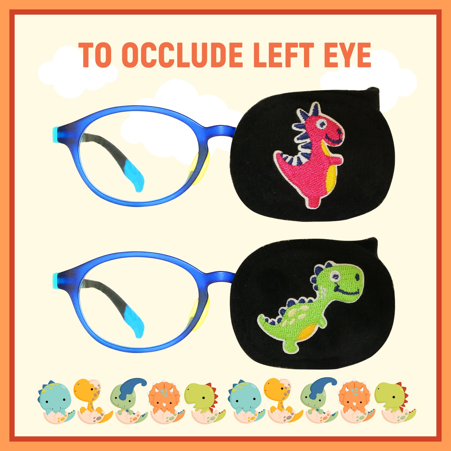 2Pcs Eye Patches for Kids Glasses (Dinosaur - Wine Red & Bright Green, Left Eye)