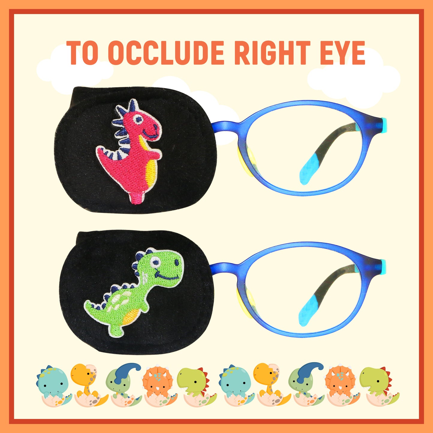 2Pcs Eye Patches for Kids Glasses (Dinosaur - Wine Red & Bright Green, Right Eye)