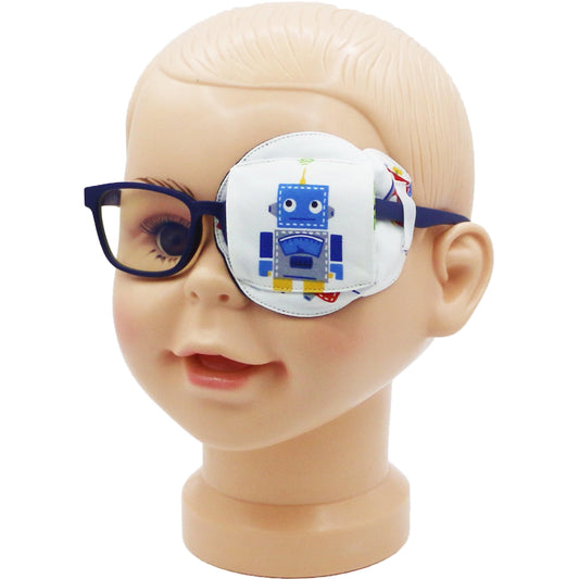 3D Cotton & Silk Eye Patch for Kids Boys Glasses (Blue Robot, Left Eye)