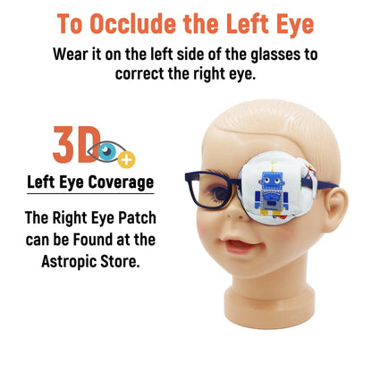 3D Cotton & Silk Eye Patch for Kids Boys Glasses (Blue Robot, Left Eye)